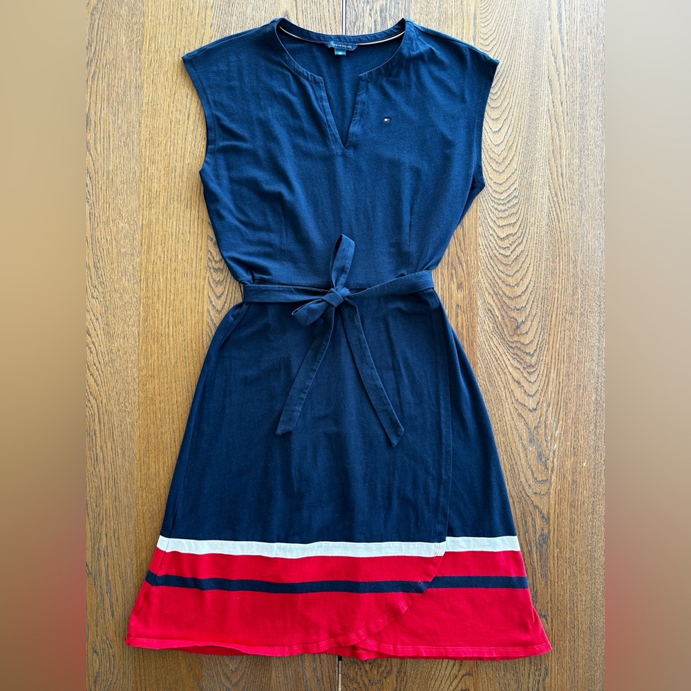 Tommy Hilfiger Sleeveless Navy Red White Striped Dress Tie-Waist | Size Small - Picture 2 of 10